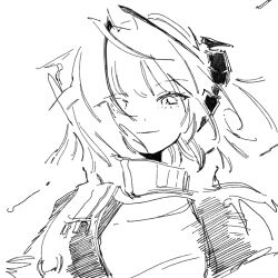 Rule 34 | 1girl, antenna hair, antennae, arknights, demon horns, demon tail, dot nose, floating hair, greyscale, highres, horns, jixing, looking at viewer, medium hair, monochrome, simple background, smile, solo, tail, upper body, w (arknights), white background