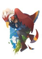 Rule 34 | :o, baseball cap, bird, blue feathers, blue jacket, blue sky, bottle, braviary, brown eyes, brown hair, clear 2758, cloud, feathers, gen 5 pokemon, grey pants, hat, highres, hilbert (pokemon), jacket, male focus, nintendo, on grass, open mouth, pants, pokemon, pokemon (creature), pokemon bw, red feathers, red footwear, short hair, simple background, sky, swanna, water bottle, white background