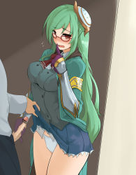 1girl = armband assisted_exposure athena_(p&amp;d) blue_skirt blush censored clothes_lift finger_to_mouth flying_sweatdrops glasses gloved_handjob gloves green_hair hair_ornament handjob highres long_hair looking_away momio panties penis pleated_skirt precum purple_gloves puzzle_&amp;_dragons red-framed_eyewear red_eyes school_uniform skirt skirt_lift solo_focus underwear vambraces very_long_hair white_panties