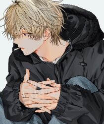 1boy adam&#039;s_apple black_jacket blonde_hair blue_eyes closed_mouth denim en_(e898n) hair_over_one_eye highres hood hooded_jacket jacket jeans looking_to_the_side male_focus nose original pants profile shirt short_hair simple_background solo unlit_cigarette_in_mouth upper_body white_shirt