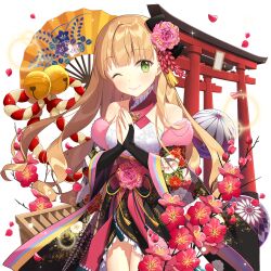 1girl blonde_hair blunt_bangs box closed_mouth detached_sleeves donation_box flower folding_fan green_eyes hand_fan japanese_clothes lina_princella long_hair off_shoulder one_eye_closed salt_(salty) torii uchi_no_hime-sama_ga_ichiban_kawaii very_long_hair