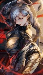 Rule 34 | 1girl, absurdres, black dress, black nails, braid, braided bangs, braided ponytail, breasts, commentary request, dress, eyelashes, grey hair, hair over one eye, highres, holding, holding weapon, impossible clothes, impossible dress, jujutsu kaisen, large breasts, long hair, long sleeves, looking at viewer, mei mei (jujutsu kaisen), nail polish, short hair, smile, soleil (soleilmtfbwy03), solo, tight clothes, tight dress, upper body, weapon, white hair
