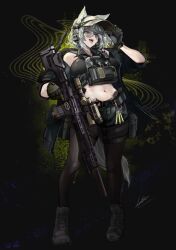 1girl animal_ears arktic baseball_cap black_pantyhose black_shorts boots breasts commentary glasses gloves green_eyes green_gloves grey_hair gun handgun hat holding holding_gun holding_weapon jacket large_breasts looking_at_viewer magazine_(weapon) navel off_shoulder open_clothes open_jacket open_mouth original pantyhose pocket_square scope short_shorts shorts signal_(arktic) simple_background smile solo teeth tongue tongue_out trigger_discipline upper_teeth_only weapon