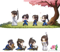 0jae 4boys :o aged_down artist_name bishounen black_footwear black_hair blue_robe book boots brown_eyes bug butterfly camellia cherry_blossoms chibi child chinese_clothes chinese_commentary chu_wanning closed_mouth commentary_request cushion erha_he_tadebai_mao_shizun flower following grass green_eyes hair_ornament hanfu high_ponytail insect long_hair long_sleeves male_focus mo_ran multiple_boys multiple_views open_book parted_bangs pink_flower ponytail purple_eyes robe rock shi_mei sidelocks simple_background sitting smile studying table tree walking watermark weibo_watermark white_background white_footwear white_robe xue_meng