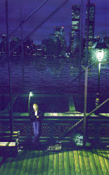 1girl 3d aya_brea blonde_hair building city cloud denim female_focus jeans lamppost new_york_city night outdoors pants parasite_eve_(series) parasite_eve_i skyline skyscraper solo tagme water world_trade_center