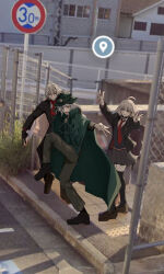 Rule 34 | 1girl, 2boys, antonio salieri (fate), antonio salieri (second ascension) (fate), black cardigan, black jacket, black skirt, black thighhighs, cape, cardigan, collared shirt, commentary request, double v, edmond dantes (fate), fate/grand order, fate (series), fuyotan, google maps, google street view, green cape, green hat, grey hair, hat, high school girls posing for google street view (meme), highres, jacket, jeanne d&#039;arc alter (fate), meme, multiple boys, necktie, official alternate costume, open clothes, open jacket, pants, photo-referenced, photo background, pleated skirt, red eyes, red necktie, school uniform, shirt, short hair, skirt, standing, standing on one leg, sweatdrop, symbol-shaped pupils, thighhighs, v, white shirt, yellow eyes