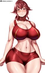 1girl absurdres anna_(fire_emblem) arcedo artist_name breasts cleavage clenched_hands covered_erect_nipples curvy fire_emblem highres large_breasts looking_at_viewer medium_hair midriff navel nintendo ponytail red_eyes red_hair seductive_gaze seductive_smile shorts smile solo sports_bra sportswear thong toned whale_tail_(clothing) wide_hips