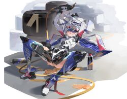1girl absurdres arms_up ass blue_eyes blue_hair breasts can gasoline grey_hair hair_between_eyes highres holding lying mecha_musume mechabare medium_breasts nori_tamahana on_back open_mouth original red_hair solo spread_legs suggestive_fluid unused_tire