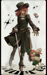 1boy absurdres ascot black-framed_eyewear black_coat black_hat black_pants brown_hair brown_shoes cane coat doll frilled_ascot frills fuji_den_fujiko glasses gloves green_eyes green_hat green_skirt hat highres holding holding_cane jewelry long_hair long_sleeves multiple_rings orange_hair pants puppet_strings randal&#039;s_friends randal_ivory ring shirt shoes single_glove skirt smile white_gloves white_shirt