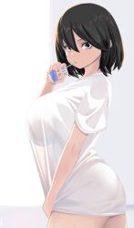 1girl black_hair bob_cut bottomless breasts drinking drinking_straw from_side hayakawa_mayumi highres holding_juice_box juice_box large_breasts looking_at_viewer original sanpaku see-through_clothes see-through_shirt shiki_(psychedelic_g2) shirt short_hair signature solo t-shirt white_shirt