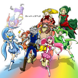 10s 3boys 6+girls :d afro akaooni aoki_reika bike_shorts blonde_hair blue_eyes blue_hair blue_skirt boots bow bowtie broom broom_riding brown_hair carrying choker closed_eyes colored_skin crossed_legs cure_beauty cure_happy cure_march cure_peace cure_sunny dress english_text fangs green_eyes green_hair green_shorts green_skirt hair_bun hair_flaps hair_tubes happy head_wings high_heels hino_akane_(smile_precure!) hood hoshizora_miyuki joker_(smile_precure!) kise_yayoi knee_boots kogane_(staygold) long_hair magical_girl majorina mask midorikawa_nao multicolored_hair multiple_boys multiple_girls open_mouth orange_dress orange_hair orange_skirt pants pantyhose piggyback pink_bow pink_dress pink_eyes pink_hair pink_shorts pink_skirt precure purple_hair red_legwear red_shorts red_skin running shoes short_hair shorts shorts_under_skirt shoulder_carry sidelocks single_hair_bun sitting skirt smile smile_precure! surprised thighhighs tiara tongue tri_tails twintails werewolf white_background white_hair wings wolfrun wrist_cuffs