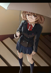 1girl another black_jacket black_socks blazer blue_skirt brown_eyes brown_hair closed_mouth collared_shirt glasses highres holding holding_umbrella jacket kuza_brs loafers looking_at_viewer pleated_skirt red_ribbon ribbon sakuragi_yukari school_uniform shirt shoes short_hair skirt smile socks solo stairs stairwell umbrella white_shirt yomiyama_north_junior_high_school_uniform
