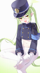 1girl absurdres armband black_hat black_jacket blue_archive blue_armband blush buttons commentary_request crop_top cropped_jacket double-breasted fang feet geez gloves green_hair green_halo hair_between_eyes halo hat highres holding_own_foot jacket long_hair long_sleeves looking_at_viewer navel no_pants no_shoes nozomi_(blue_archive) open_mouth panties panties_under_pantyhose pantyhose peaked_cap pointy_ears simple_background skin_fang smile soles solo stomach striped_clothes striped_panties sweatdrop toes twintails underwear very_long_hair white_background white_gloves white_pantyhose yellow_eyes