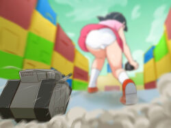 1girl ass ass_focus back battlefield black_hair doraemon female_focus from_behind goldmondsel huge_ass legs loli military military_vehicle minamoto_shizuka minimized motor_vehicle panties pink_shirt pink_skirt red_footwear shirt shoes skirt socks tank toy twintails underwear vehicle white_panties white_socks