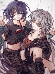 1boy 1girl age_difference armpits bare_shoulders black_boots black_gloves black_hair black_jacket black_skirt blade_(honkai:_star_rail) blurry blurry_foreground boots breasts carrying carrying_person chinese_commentary cleavage cleavage_cutout clothing_cutout collarbone contemporary crop_top detached_sleeves feet_out_of_frame flat_chest gloves gradient_background grey_background grey_eyes grey_hair hair_between_eyes hair_ornament hairclip hairpin hand_up happy head_tilt highres honkai:_star_rail honkai_(series) jacket leather leather_jacket long_sleeves looking_at_viewer looking_to_the_side low_twintails navel official_alternate_costume one_eye_closed open_mouth orange_eyes parted_bangs red_shirt shirt short_sleeves skirt smile sparkle standing stomach sunglasses sweatdrop thighs twintails upper_body v wavy_hair xinren068 yingxing_(honkai:_star_rail) yunli_(honkai:_star_rail)