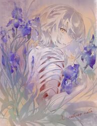1girl blue_flower flower girls&#039;_frontline hair_over_one_eye highres official_alternate_design official_alternate_eye_color one_eye_covered rpk-16_(boss)_(girls&#039;_frontline) rpk-16_(girls&#039;_frontline) russian_commentary russian_text shipkakaka smile solo white_hair yellow_eyes