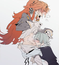 2girls absurdres checkered_hairband coat cunnilingus dress gloves grey_eyes grey_hair hair_bun hairband highres long_hair long_sleeves multiple_girls oral orange_hair reverse:1999 shirt short_hair single_side_bun sonetto_(reverse:1999) two_side_up vertin_(reverse:1999) white_dress white_gloves white_shirt ying_yurisuki yuri
