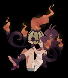 1girl :d alternate_color black_background black_boots blue_shorts boots brown_hair chandelure closed_eyes commentary_request fire floating gen_5_pokemon high_ponytail highres hilda_(pokemon) hime_(himetya105) long_hair nintendo open_mouth pokemon pokemon_(creature) pokemon_bw ponytail shiny_pokemon shirt short_shorts shorts simple_background sitting smile white_shirt