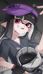 Rule 34 | 1girl, absurdres, artist name, black background, black gloves, black hair, black shirt, chu u0spl, fingerless gloves, glint, gloves, hat, highres, ink, inkling, inkling girl, inkling player character, long hair, looking at viewer, nintendo, paint, purple hat, red eyes, shirt, signature, slosher (splatoon), solo, splatoon (series), splatoon 3, star (symbol), tentacle hair, visor cap