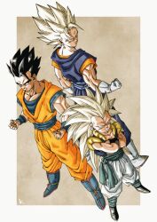 3boys black_eyes black_hair blonde_hair boots clenched_hands crossed_arms dougi dragon_ball dragonball_z earrings gloves gotenks green_eyes grin highres jewelry kakeru_(dbskakeru) long_hair male_focus metamoran_vest multiple_boys muscular muscular_male potara_earrings signature smile son_gohan super_saiyan super_saiyan_1 super_saiyan_3 vegetto very_long_hair white_footwear white_gloves widow&#039;s_peak wristband