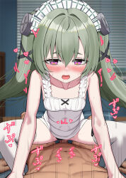 1boy 1girl absurdres blush censored clothed_sex corin_wickes cowgirl_position girl_on_top green_hair hair_between_eyes hetero highres indoors loli long_hair looking_at_viewer lying maid_headdress mosaic_censoring on_back open_mouth penis pov purple_eyes pussy sex solo_focus stomach_bulge straddling thighhighs twintails vaginal white_thighhighs yakob_labo zenless_zone_zero