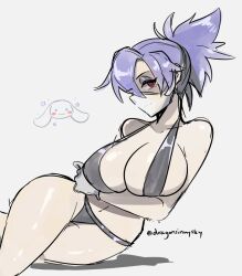 1girl bikini blue_hair d-ryuu gloves grey_background latex latex_gloves looking_at_viewer lying mouth_mask ponytail red_eyes sketch skullgirls smile solo surgical_mask swimsuit valentine_(skullgirls) wide_hips