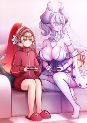 2girls :| akisame_rizu bare_legs bare_shoulders blonde_hair blue_eyes breasts chestnut_mouth cleavage closed_mouth controller demon_girl demon_horns demon_wings dress drill_hair duel_monster expressionless game_controller gamepad grey_eyes grey_hair helmet highres holding holding_controller holding_game_controller horns huge_breasts jacket jitome joy-con_2 knight_(yu-gi-oh!) lovely_labrynth_of_the_silver_castle multiple_girls multiple_wings playing_games pointy_ears red_jacket sitting sketch strapless strapless_dress thighhighs track_jacket transparent_wings twin_drills twitter_username white_dress wings yu-gi-oh!