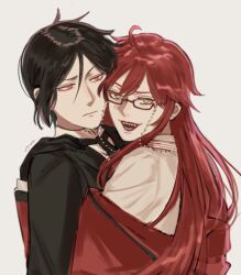 1boy 1girl black_hair closed_mouth ena33333333 eyelashes green_eyes grell_sutcliff highres hug kuroshitsuji long_hair open_mouth pale_skin red_eyes red_hair red_lips sebastian_michaelis sharp_teeth teeth