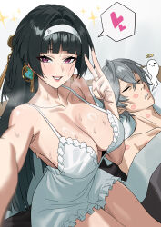 1boy 1girl absurdres astra_yao bare_shoulders black_hair blunt_bangs blush breasts cleavage commentary dress earrings exhausted grey_hair grin hairband heart hetero highres jewelry large_breasts lipstick_mark long_hair looking_at_viewer purple_eyes q_haoyu sleeveless sleeveless_dress smile spoken_heart sweat v white_dress wise_(zenless_zone_zero) zenless_zone_zero