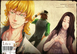Rule 34 | 10s, 1girl, 2boys, akebi miso, bad id, bad pixiv id, barnaby brooks jr., blonde hair, bracelet, brown hair, newsboy cap, glasses, green eyes, hat, jacket, jewelry, kaburagi t. kotetsu, kaburagi tomoe, multiple boys, necklace, red jacket, short hair, ssincoo, tiger &amp; bunny, turtleneck, vest, waistcoat, watch, wristwatch