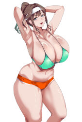 Rule 34 | 1girl, armpits, arms behind head, bikini, bikini top only, blue eyes, breasts, brown hair, cleavage, green bikini, headband, huge breasts, lips, mature female, navel, open mouth, orange shorts, original, pokkora, ponytail, short shorts, shorts, sidelocks, solo, standing, sweatband, swimsuit, thick thighs, thighs, white background, white headband, wide hips, workout clothes