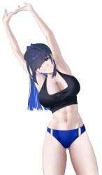 1girl ;) abs absurdres afterparty7 arms_up black_hair black_tank_top blue_buruma blue_eyes blue_hair breasts buruma cleavage colored_inner_hair gluteal_fold highres hololive hololive_english large_breasts long_hair multicolored_hair navel one_eye_closed ouro_kronii own_hands_together simple_background smile solo tank_top toned toned_female virtual_youtuber white_background