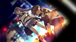 2girls artist_request breasts character_request copyright_request denim gun jeans large_breasts multiple_girls official_art pants short_hair tagme weapon
