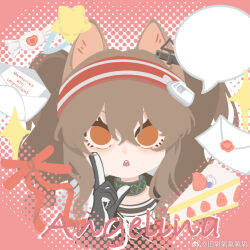 Rule 34 | 1girl, angelina (arknights), animal ears, arknights, birthday, black collar, black gloves, blank speech bubble, brown hair, cake, candy wrapper, character name, chinese commentary, collar, colored inner animal ears, commentary request, double-parted bangs, earpiece, english text, flat color, food, fox ears, fruit, gloves, hair between eyes, hairband, infection monitor (arknights), letter, long hair, looking at viewer, multicolored gloves, no nose, no pupils, open mouth, pointing, pointing up, red background, red eyes, red hairband, red ribbon, ribbon, shirt, solo, speech bubble, strawberry, strawberry shortcake, striped clothes, striped hairband, teeth, twintails, upper body, upper teeth only, weibo 7629744613, weibo username, white gloves, white shirt