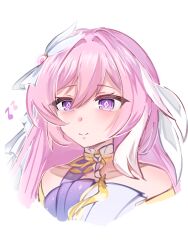 1girl bare_shoulders elysia_(herrscher_of_human:_ego)_(honkai_impact) elysia_(honkai_impact) hair_intakes hair_ribbon honkai_(series) honkai_impact_3rd multicolored_hair musical_note pink_hair purple_eyes ribbon shufuchongdadi simple_background solo streaked_hair upper_body white_background white_hair white_ribbon