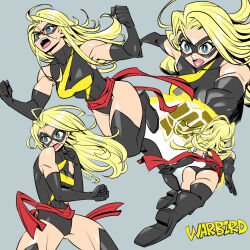 animification ass blonde_hair blue_eyes blush bracer breasts carol_danvers domino_mask impossible_clothes impossible_leotard leotard lightning_bolt_symbol marvel mask ms._marvel ms._marvel_(series) muscular sunafuki_tabito superhero_costume thighhighs