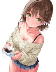 1girl absurdres bare_shoulders black_skirt braid breasts brown_hair brown_sweater cleavage closed_mouth collarbone cowboy_shot cup green_eyes highres holding holding_cup iwato_(celler) looking_at_viewer medium_breasts medium_hair miniskirt missing_commentary mole mole_under_eye off-shoulder_sweater off_shoulder original pleated_skirt simple_background skirt smile solo strap_slip sweater teacup transparent_background