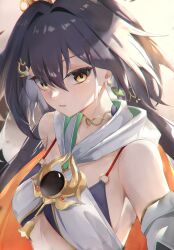 1girl absurdres bare_shoulders black_hair detached_sleeves elphe hair_intakes hair_ornament highres honkai:_star_rail honkai_(series) long_hair looking_at_viewer midriff parted_lips solo upper_body very_long_hair yellow_eyes yunli_(honkai:_star_rail)