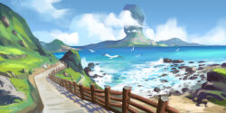 Rule 34 | bird, blue sky, chinnkun, cliff, cloud, fence, flock, grass, island, landscape, mountain, no humans, ocean, original, painterly, road, scenery, shore, sky, waves, wooden fence