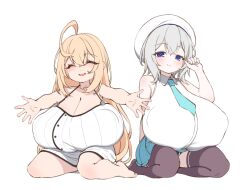 2girls :d absurdres adjusting_hair ahoge aqua_necktie aqua_skirt arm_behind_back arm_support bare_legs bare_shoulders black_panties black_thighhighs blonde_hair blouse blue_eyes borrowed_character breasts breasts_on_lap cleavage closed_eyes closed_mouth collarbone covered_erect_nipples dress elomil facing_viewer female_focus full_body gigantic_breasts hand_up happy highres huge_ahoge light_blush light_smile long_hair looking_at_viewer medium_hair miniskirt multiple_girls necktie open_mouth oppai_loli original outstretched_arms panties panty_peek ribbed_dress seiza shirt simple_background sitting skirt sleeveless sleeveless_dress sleeveless_shirt smile thighhighs underwear very_long_hair white_background white_dress white_hair white_shirt yokozuwari