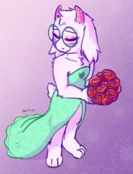 1boy atrolux blush bouquet closed_eyes deltarune dress feminine floppy_ears flower furry furry_male glasses goat goat_boy highres horns pink_horns ralsei wedding_dress white_fur