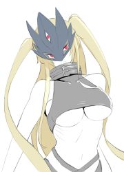 Rule 34 | 1girl, alternate hairstyle, bakeneko38, bare shoulders, beelstarmon, breasts, commentary request, covered collarbone, crop top, digimon, digimon (creature), eye mask, highres, large breasts, limited palette, long hair, looking at viewer, navel, red eyes, sidelocks, simple background, solo, stomach, third eye, twintails, underboob