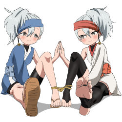 2girls barefoot blush feet grey_eyes grey_hair highres kikyou_(kunoichi_tsubaki_no_mune_no_uchi) kunoichi_tsubaki_no_mune_no_uchi long_hair looking_at_another multiple_girls ninja palms_together riokasen siblings side_ponytail sisters smile soles stirrup_legwear toeless_legwear toes twins uikyou_(kunoichi_tsubaki_no_mune_no_uchi)