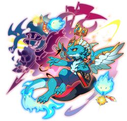1other blue_wings book creature dragon dragon_village_(series) dragon_village_collection feathered_wings fire flag flame-tipped_tail furry game_cg instrument knight looking_to_the_side music official_art paimon_(dragon_village) pillow playing_instrument shadow_people sitting tail third-party_source transparent_background trumpet wings yellow_eyes