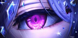 Rule 34 | 1girl, 3boys, absurdres, aether (genshin impact), artist name, blue hair, calbee draws, close-up, commentary, crystal shards, english commentary, eye focus, eyelashes, genshin impact, highres, multiple boys, purple eyes, skirk (genshin impact), solo focus, surtalogi (genshin impact), tartaglia (genshin impact)