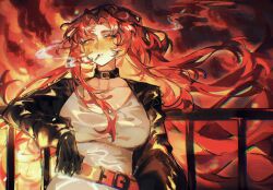 1girl alternate_costume belt black_choker black_gloves black_jacket bngb_love breasts choker cigarette gloves highres jacket kali_(project_moon) large_breasts library_of_ruina lobotomy_corporation long_hair long_sleeves looking_at_viewer parted_bangs project_moon red_background red_belt red_hair shirt sidelocks simple_background smoking solo upper_body very_long_hair white_shirt yellow_eyes