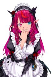 1girl absurdres bijouvirus blue_eyes blunt_bangs bow commentary english_commentary flower frilled_sleeves frills hair_flower hair_ornament hair_over_mouth heterochromia highres hololive hololive_english horn_bow horn_ornament horns irys_(hololive) irys_(maid)_(hololive) juliet_sleeves long_hair long_pointy_ears long_sleeves looking_at_viewer maid_headdress nail_polish official_alternate_costume parted_lips pink_eyes pink_nails pointy_ears puffy_sleeves simple_background smile solo star-shaped_pupils star_(symbol) symbol-shaped_pupils virtual_youtuber white_background wide_sleeves