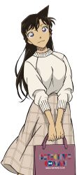 1girl bag black_hair brown_skirt closed_mouth feet_out_of_frame highres holding holding_bag long_hair long_skirt long_sleeves meitantei_conan mouri_ran official_art print_bag purple_eyes simple_background skirt smile solo standing sweater tote_bag transparent_background white_sweater