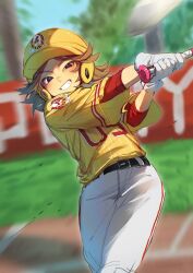 Rule 34 | 1boy, ball, baseball, baseball (object), baseball bat, baseball helmet, baseball uniform, black eyes, blush, brown hair, cowboy shot, daisuke (mouthwashing), day, gloves, grass, grin, helmet, highres, layered sleeves, long sleeves, male focus, mouthwashing, outdoors, paki2000, pants, red shirt, shirt, short over long sleeves, short sleeves, smile, solo, sportswear, white gloves, white pants, yellow helmet, yellow shirt