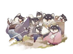 animal animal_ears animal_focus arknights baby_animal bitey_(arknights) black_dress black_kimono dog dog_ears dog_girl dog_tail dress facial_mark forehead_mark gloves highres holding holding_polearm holding_weapon japanese_clothes kimono looking_at_viewer ochano pink_dress pink_kimono polearm puppy purple_gloves saga_(arknights) saga_(there_they_be)_(arknights) shiba_inu sleeping tail tongue tongue_out weapon